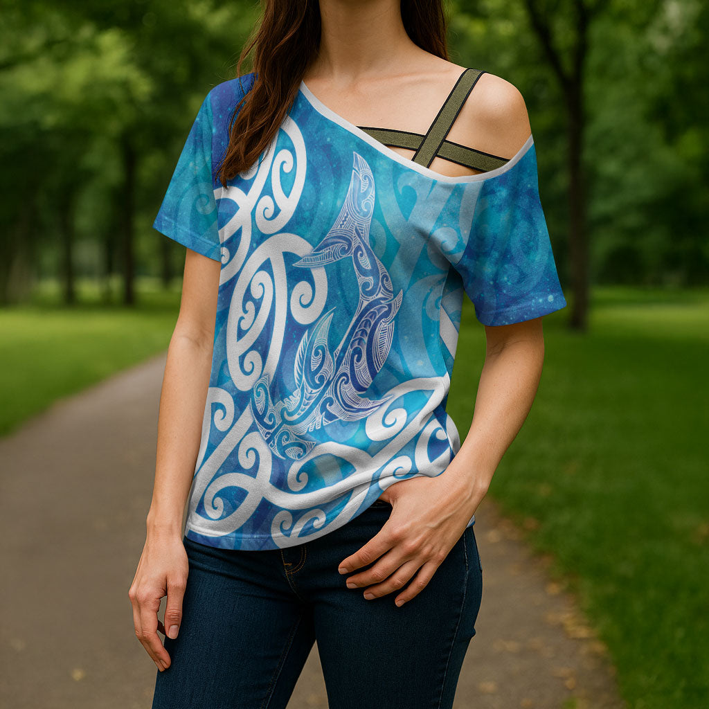Hammerhead Shark Tattoo New Zealand Cross Shoulder Shirt Maori Galaxy Mangopare Pattern LT14 - Polynesian Pride