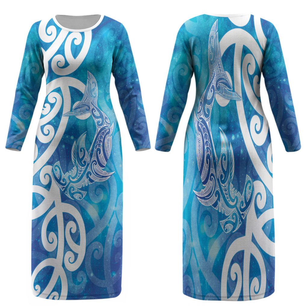 Hammerhead Shark Tattoo New Zealand Family Matching Long Sleeve Bodycon Dress and Hawaiian Shirt Maori Galaxy Mangopare Pattern LT14 Mom's Dress Turquoise - Polynesian Pride