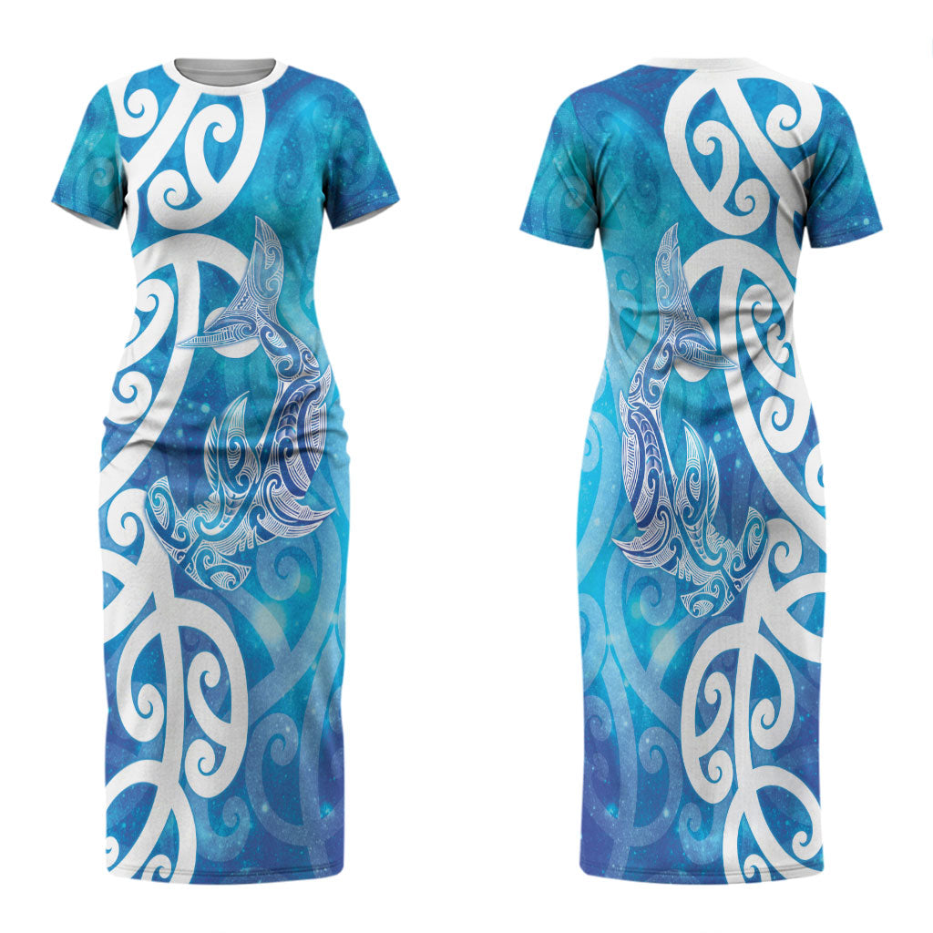 Hammerhead Shark Tattoo New Zealand Family Matching Short Sleeve Bodycon Dress and Hawaiian Shirt Maori Galaxy Mangopare Pattern LT14 Mom's Dress Turquoise - Polynesian Pride