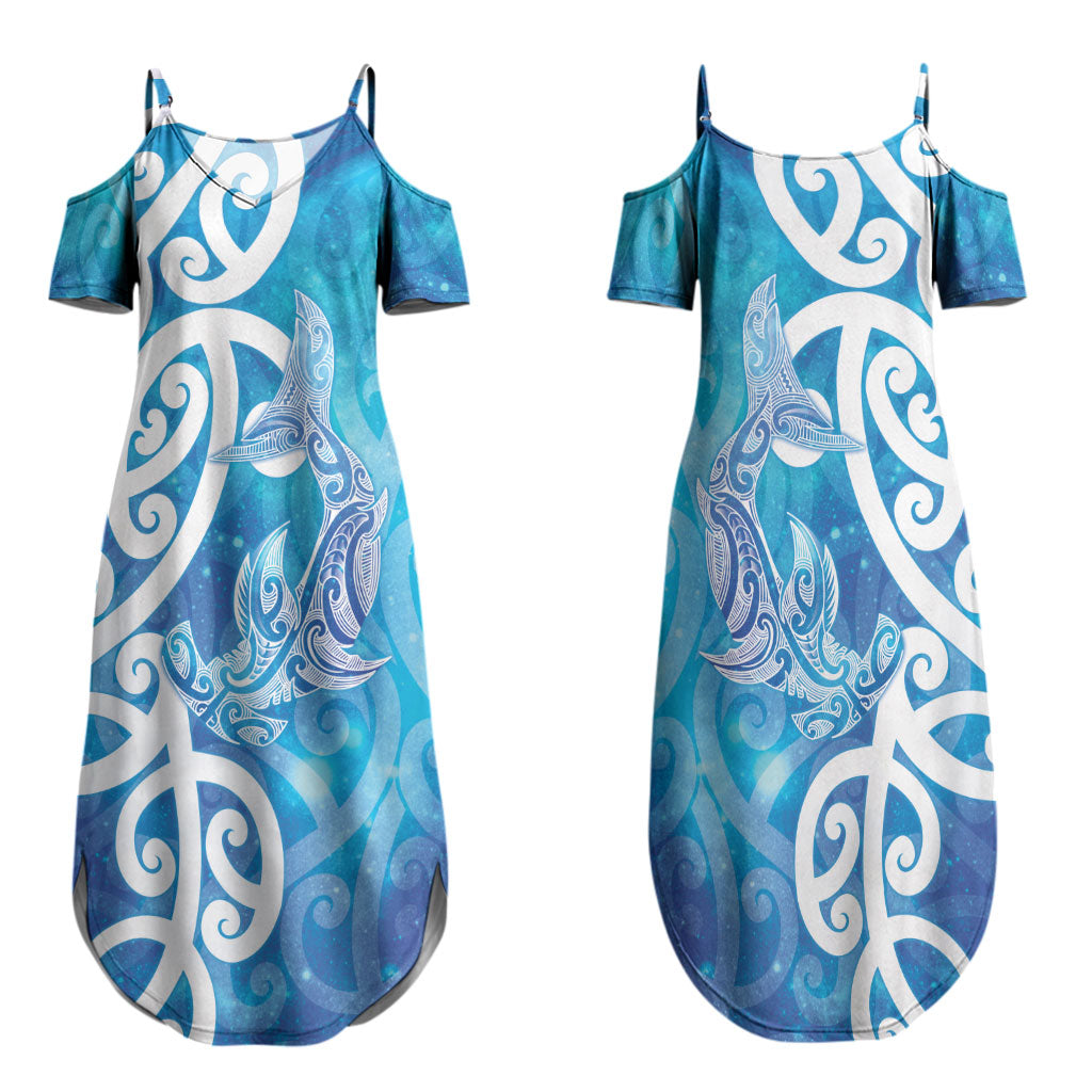 Hammerhead Shark Tattoo New Zealand Family Matching Summer Maxi Dress and Hawaiian Shirt Maori Galaxy Mangopare Pattern LT14 Mom's Dress Turquoise - Polynesian Pride
