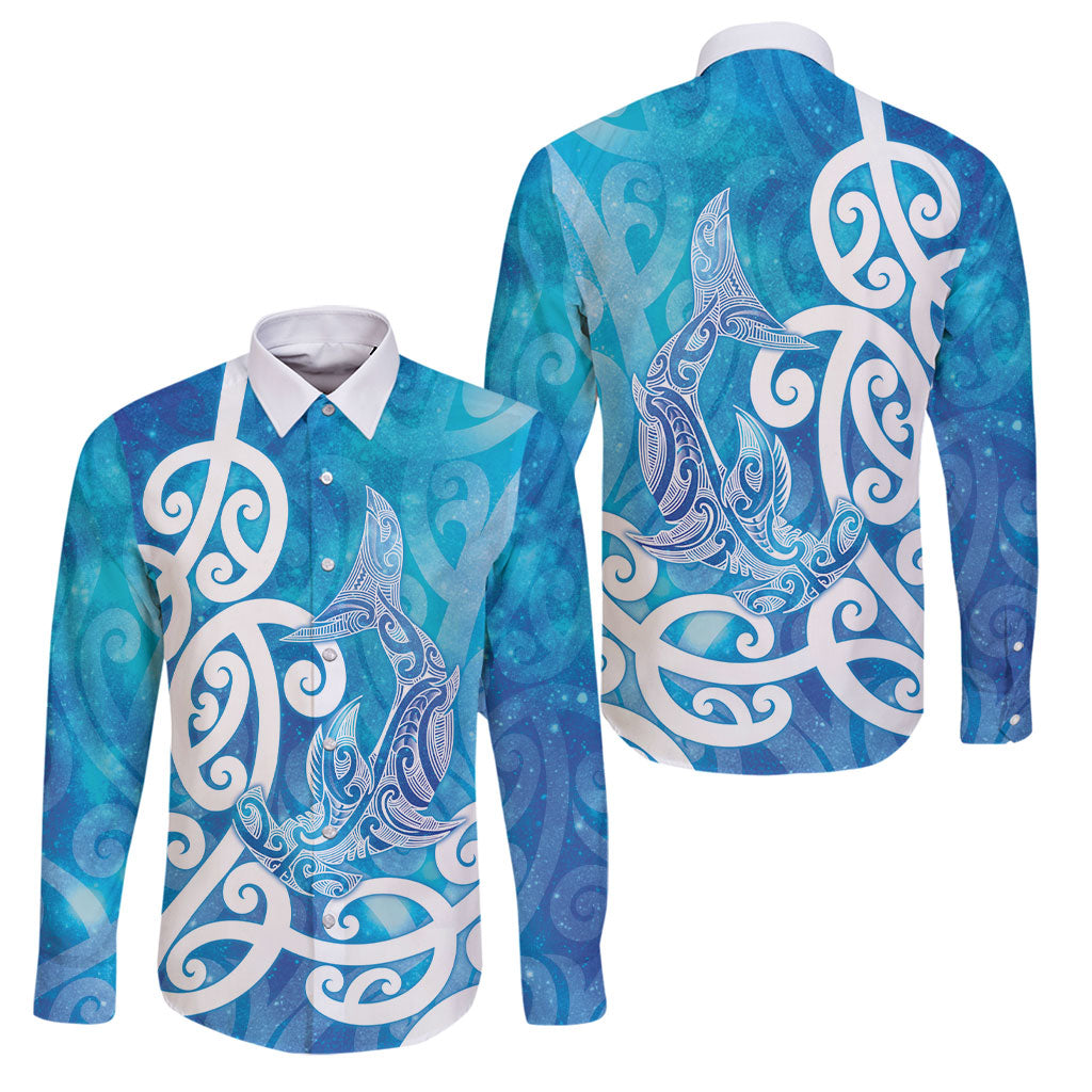 Hammerhead Shark Tattoo New Zealand Family Matching Tank Maxi Dress and Hawaiian Shirt Maori Galaxy Mangopare Pattern LT14 Dad's Shirt - Long Sleeve Turquoise - Polynesian Pride