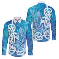 Hammerhead Shark Tattoo New Zealand Family Matching Tank Maxi Dress and Hawaiian Shirt Maori Galaxy Mangopare Pattern LT14 Dad's Shirt - Long Sleeve Turquoise - Polynesian Pride
