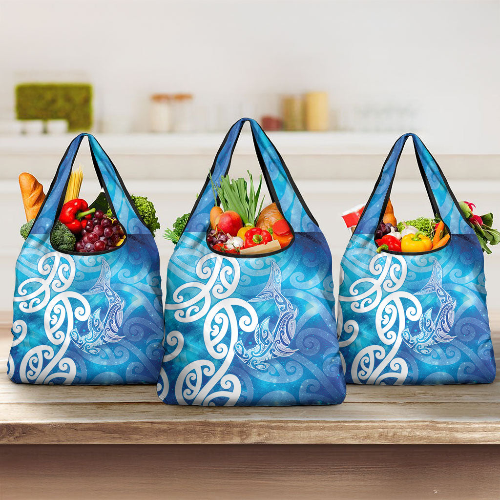 Hammerhead Shark Tattoo New Zealand Grocery Bag Maori Galaxy Mangopare Pattern LT14 3-pack One Size Turquoise - Polynesian Pride