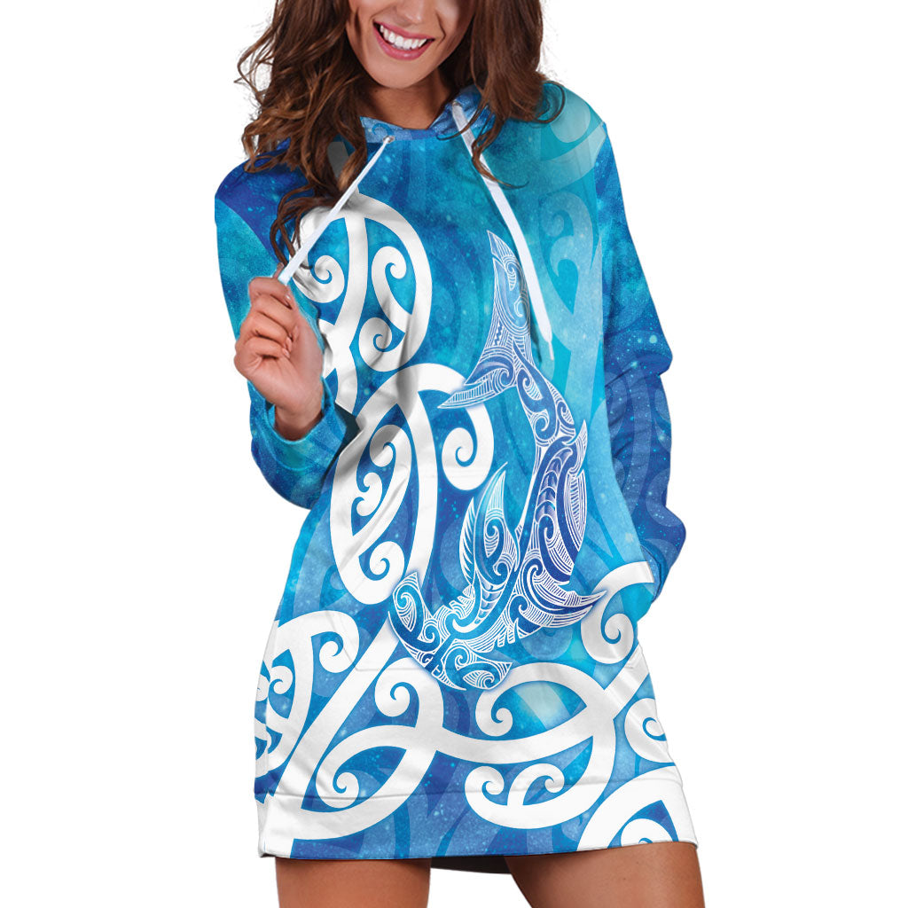 Hammerhead Shark Tattoo New Zealand Hoodie Dress Maori Galaxy Mangopare Pattern LT14 Turquoise - Polynesian Pride