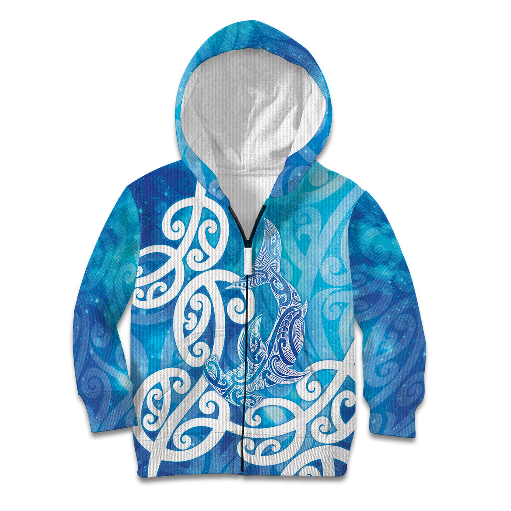 Hammerhead Shark Tattoo New Zealand Kid Hoodie Maori Galaxy Mangopare Pattern LT14 Zip Hoodie Turquoise - Polynesian Pride