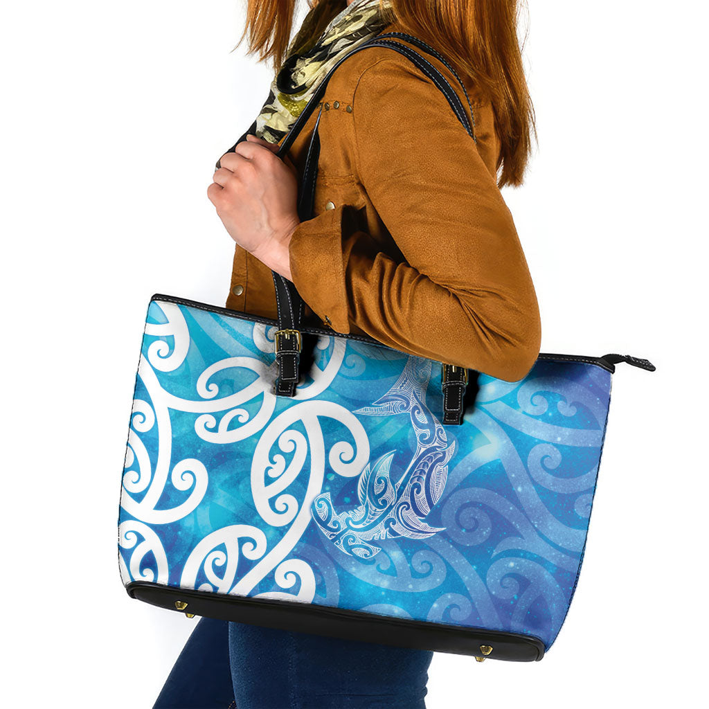 Hammerhead Shark Tattoo New Zealand Leather Tote Bag Maori Galaxy Mangopare Pattern LT14 Turquoise - Polynesian Pride