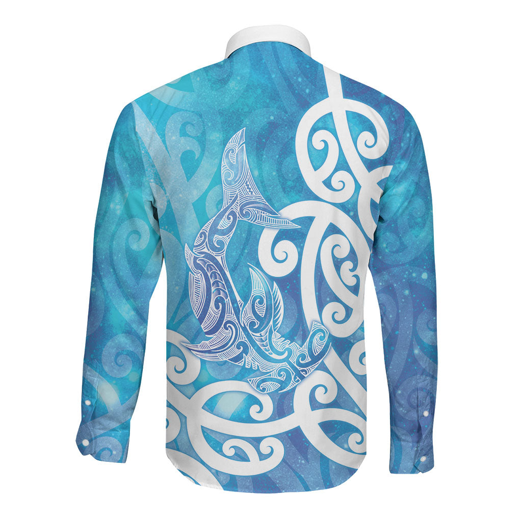 Hammerhead Shark Tattoo New Zealand Long Sleeve Button Shirt Maori Galaxy Mangopare Pattern LT14 - Polynesian Pride