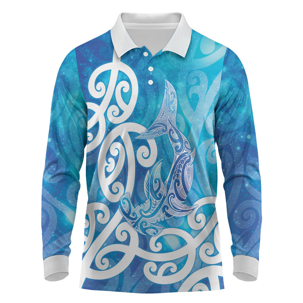Hammerhead Shark Tattoo New Zealand Long Sleeve Polo Shirt Maori Galaxy Mangopare Pattern LT14 Turquoise - Polynesian Pride