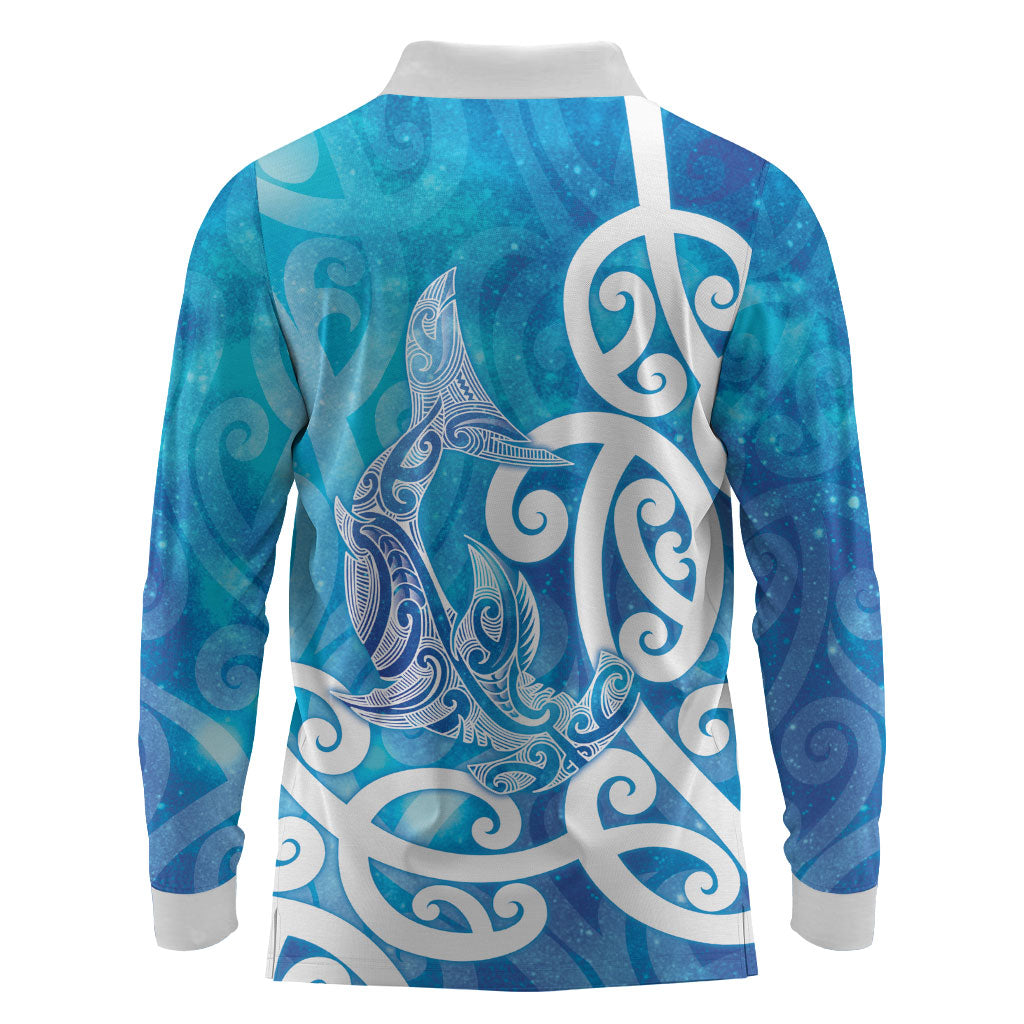 Hammerhead Shark Tattoo New Zealand Long Sleeve Polo Shirt Maori Galaxy Mangopare Pattern LT14 - Polynesian Pride