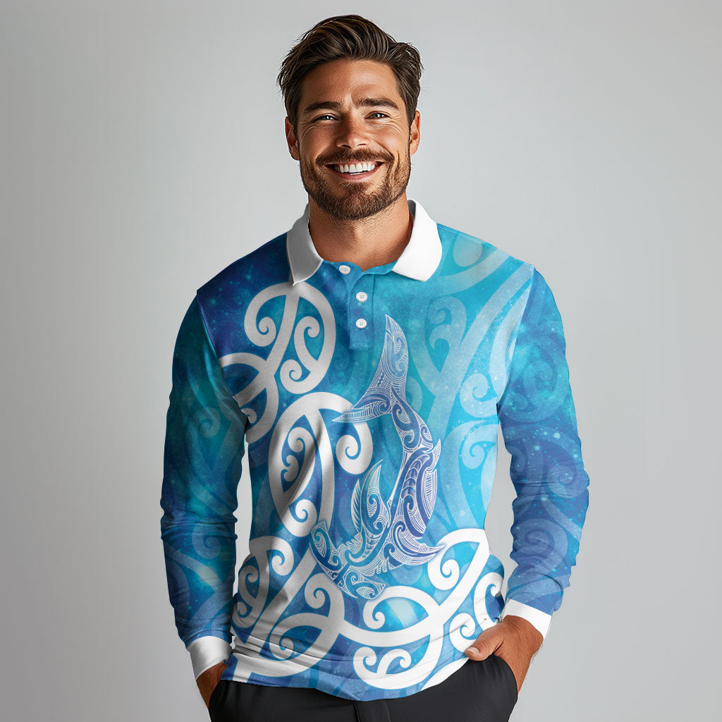 Hammerhead Shark Tattoo New Zealand Long Sleeve Polo Shirt Maori Galaxy Mangopare Pattern LT14 - Polynesian Pride
