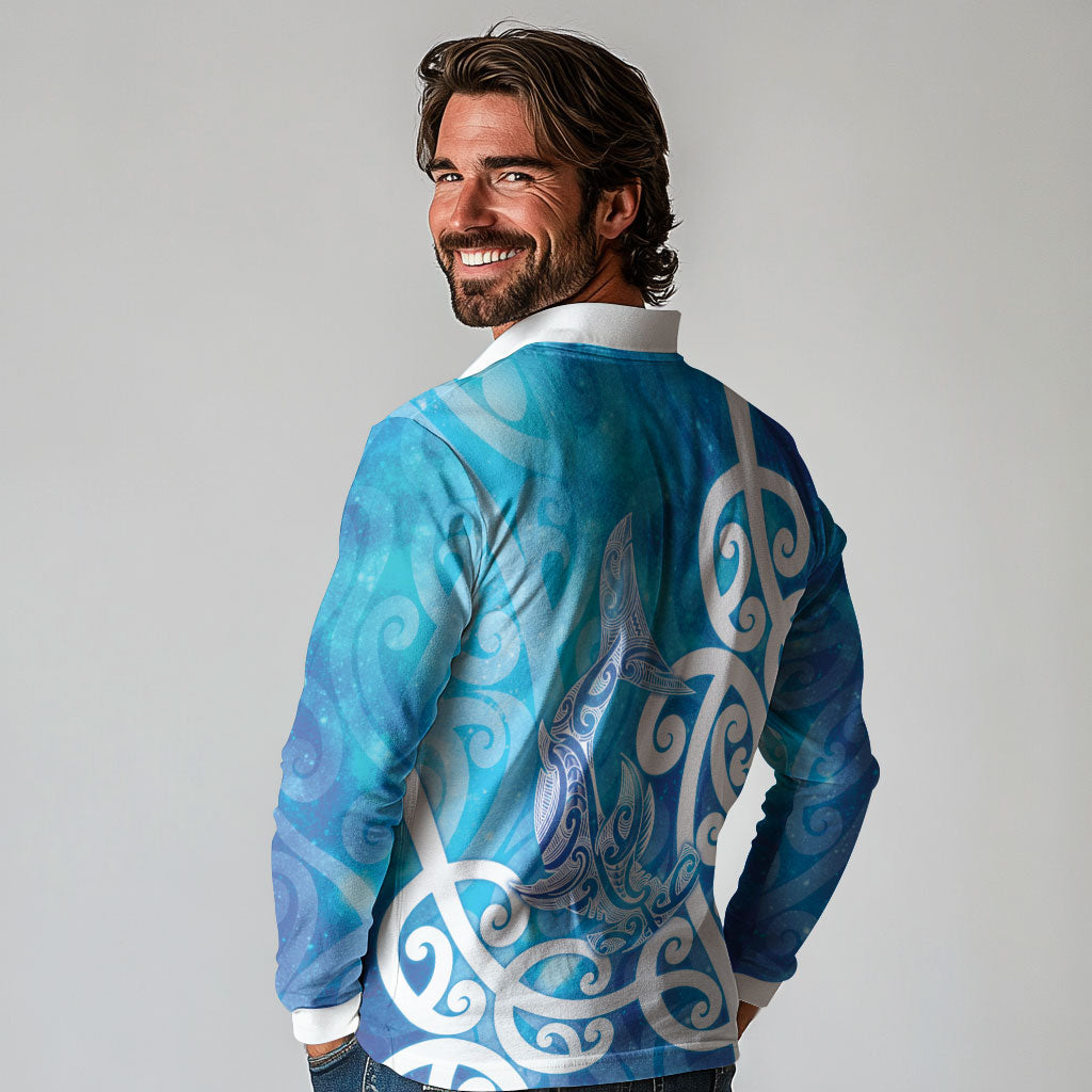 Hammerhead Shark Tattoo New Zealand Long Sleeve Polo Shirt Maori Galaxy Mangopare Pattern LT14 - Polynesian Pride