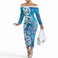 Hammerhead Shark Tattoo New Zealand Off The Shoulder Long Sleeve Dress Maori Galaxy Mangopare Pattern LT14 Women Turquoise - Polynesian Pride