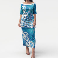 Hammerhead Shark Tattoo New Zealand Puletasi Maori Galaxy Mangopare Pattern LT14 Long Dress Turquoise - Polynesian Pride
