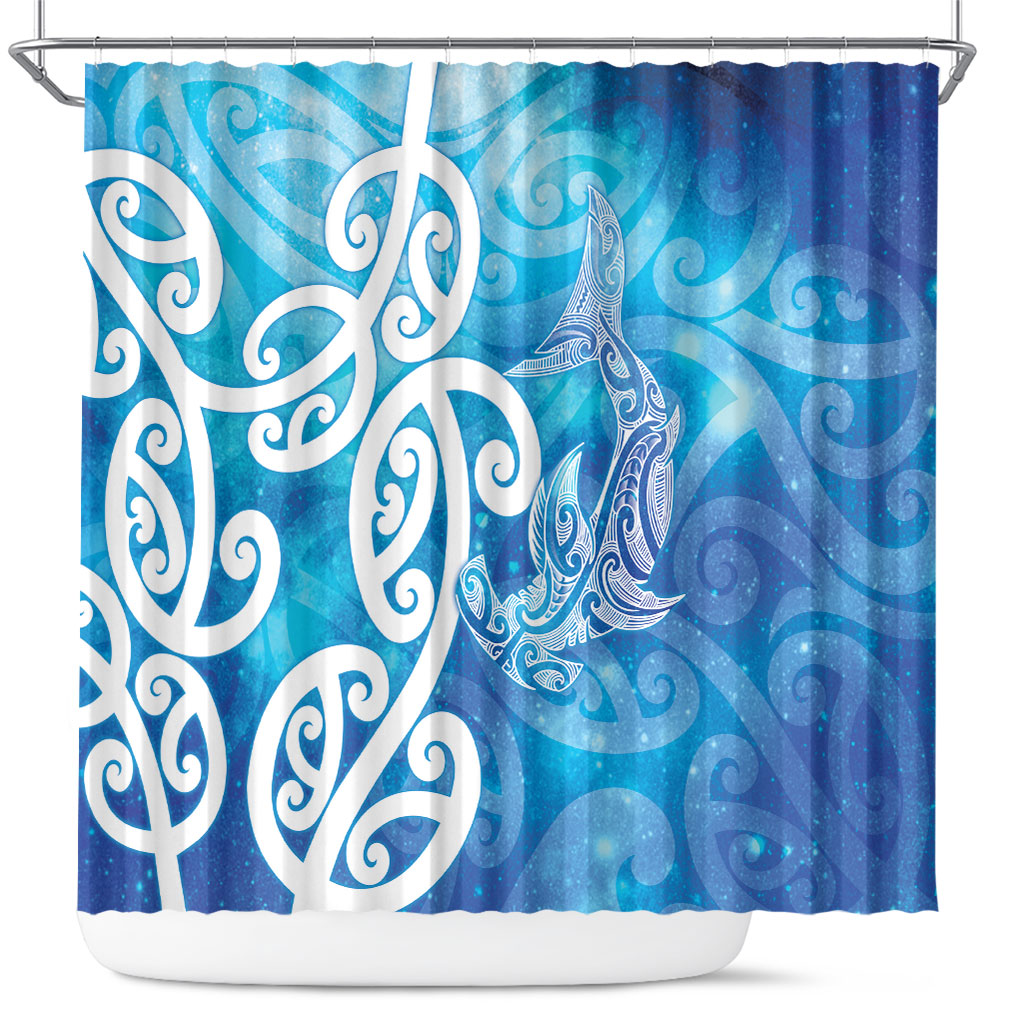 Hammerhead Shark Tattoo New Zealand Shower Curtain Maori Galaxy Mangopare Pattern LT14 Turquoise - Polynesian Pride