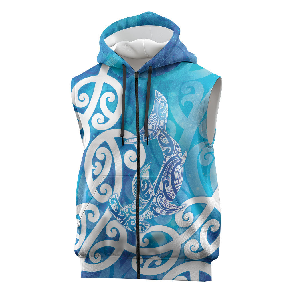 Hammerhead Shark Tattoo New Zealand Sleeveless Zip Hoodie Maori Galaxy Mangopare Pattern LT14 Turquoise - Polynesian Pride
