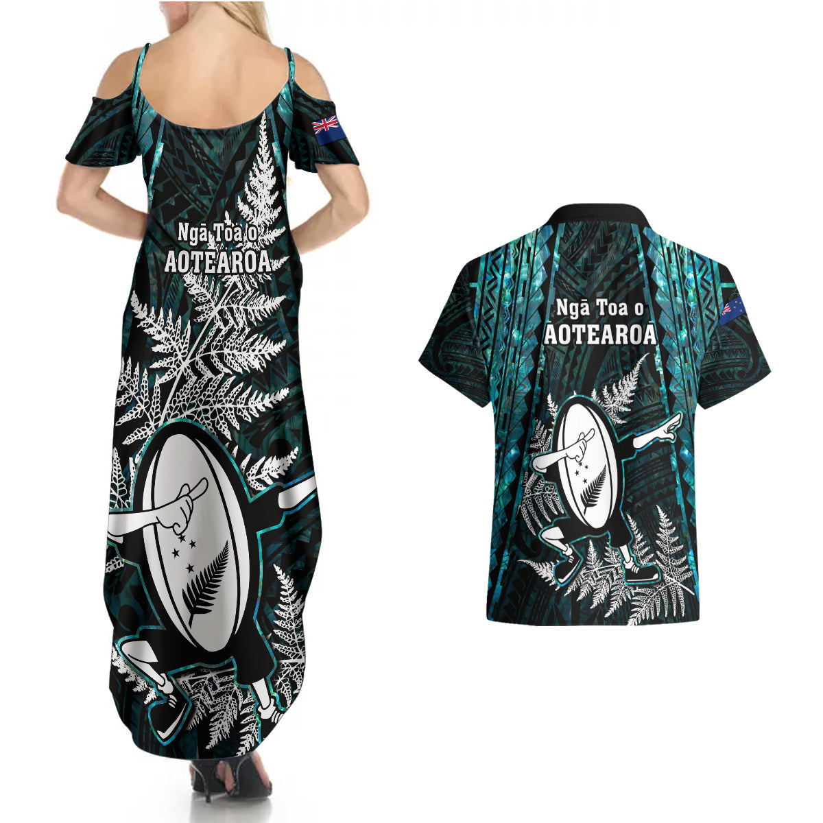 New Zealand Silver Fern Rugby Couples Matching Summer Maxi Dress and Hawaiian Shirt Aotearoa All Black Dabbing Ball With Maori Paua Shell LT14 - Polynesian Pride