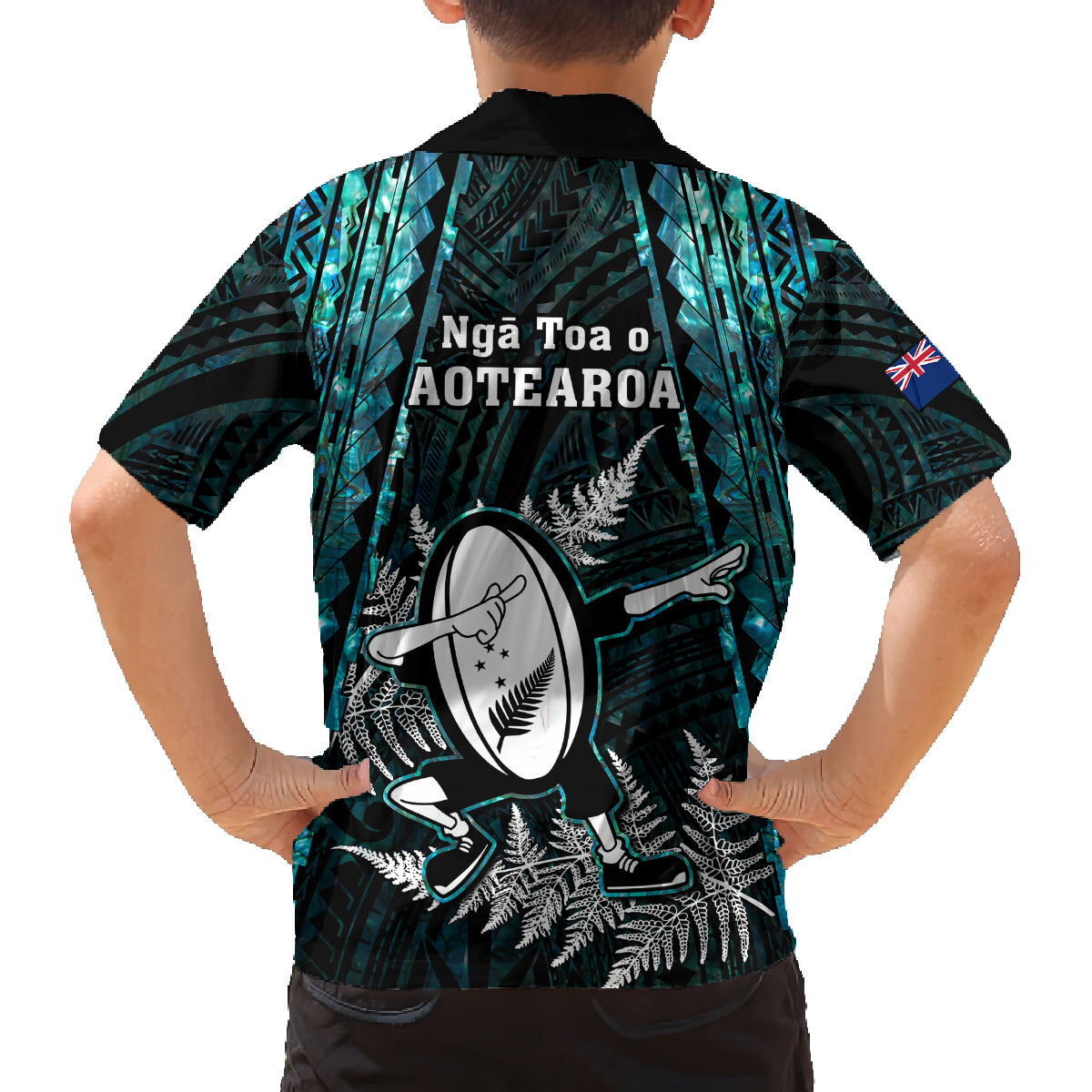 New Zealand Silver Fern Rugby Family Matching Short Sleeve Bodycon Dress and Hawaiian Shirt Aotearoa All Black Dabbing Ball With Maori Paua Shell LT14 - Polynesian Pride