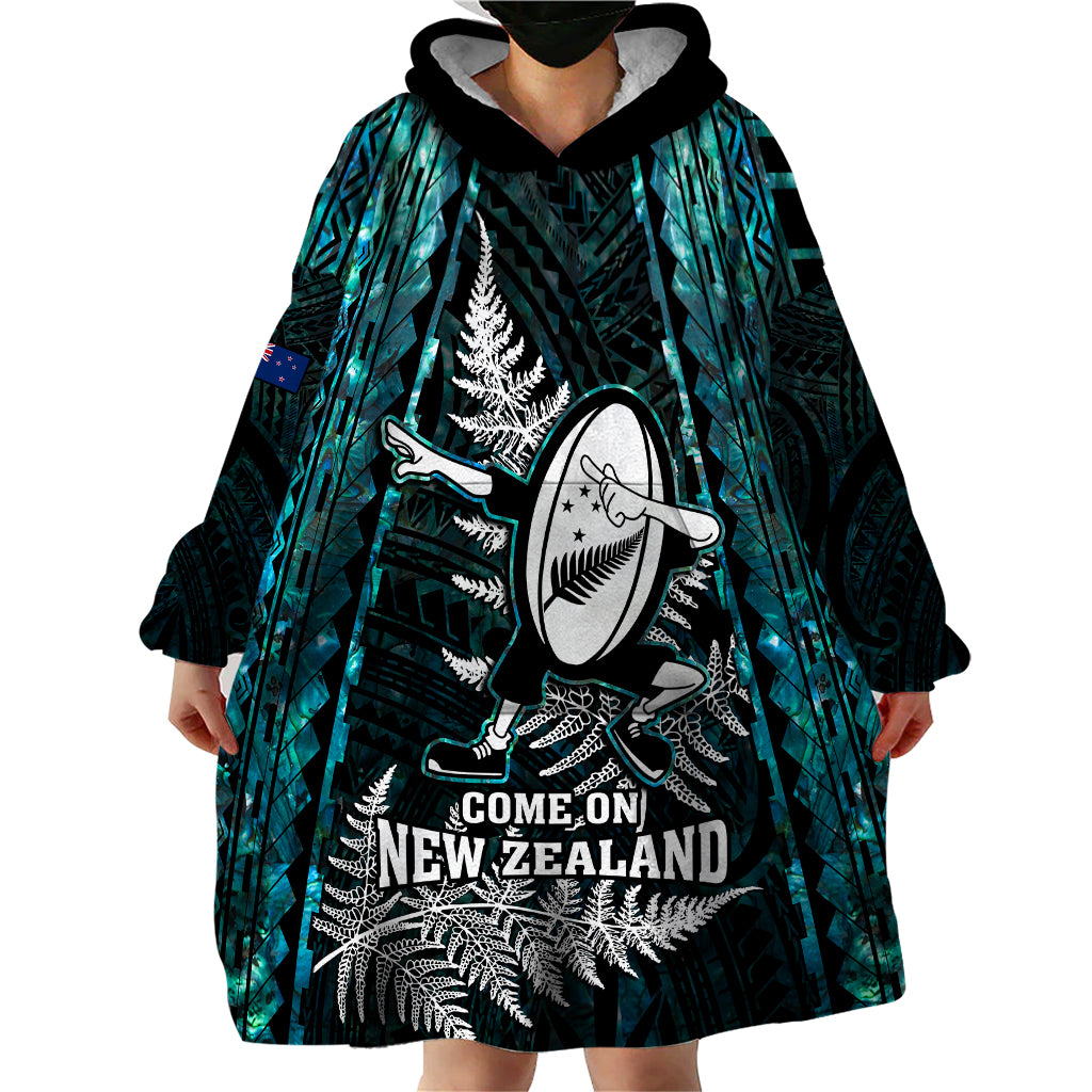 New Zealand Silver Fern Rugby Wearable Blanket Hoodie Aotearoa All Black Dabbing Ball With Maori Paua Shell LT14 - Polynesian Pride