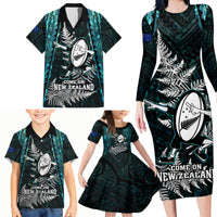 Custom New Zealand Silver Fern Rugby Family Matching Long Sleeve Bodycon Dress and Hawaiian Shirt Aotearoa All Black Dabbing Ball With Maori Paua Shell LT14 - Polynesian Pride