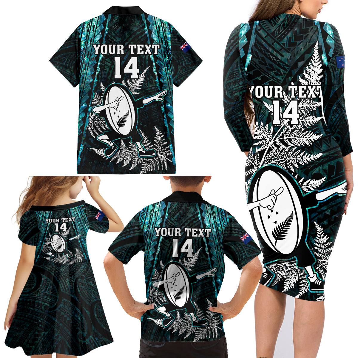 Custom New Zealand Silver Fern Rugby Family Matching Long Sleeve Bodycon Dress and Hawaiian Shirt Aotearoa All Black Dabbing Ball With Maori Paua Shell LT14 - Polynesian Pride