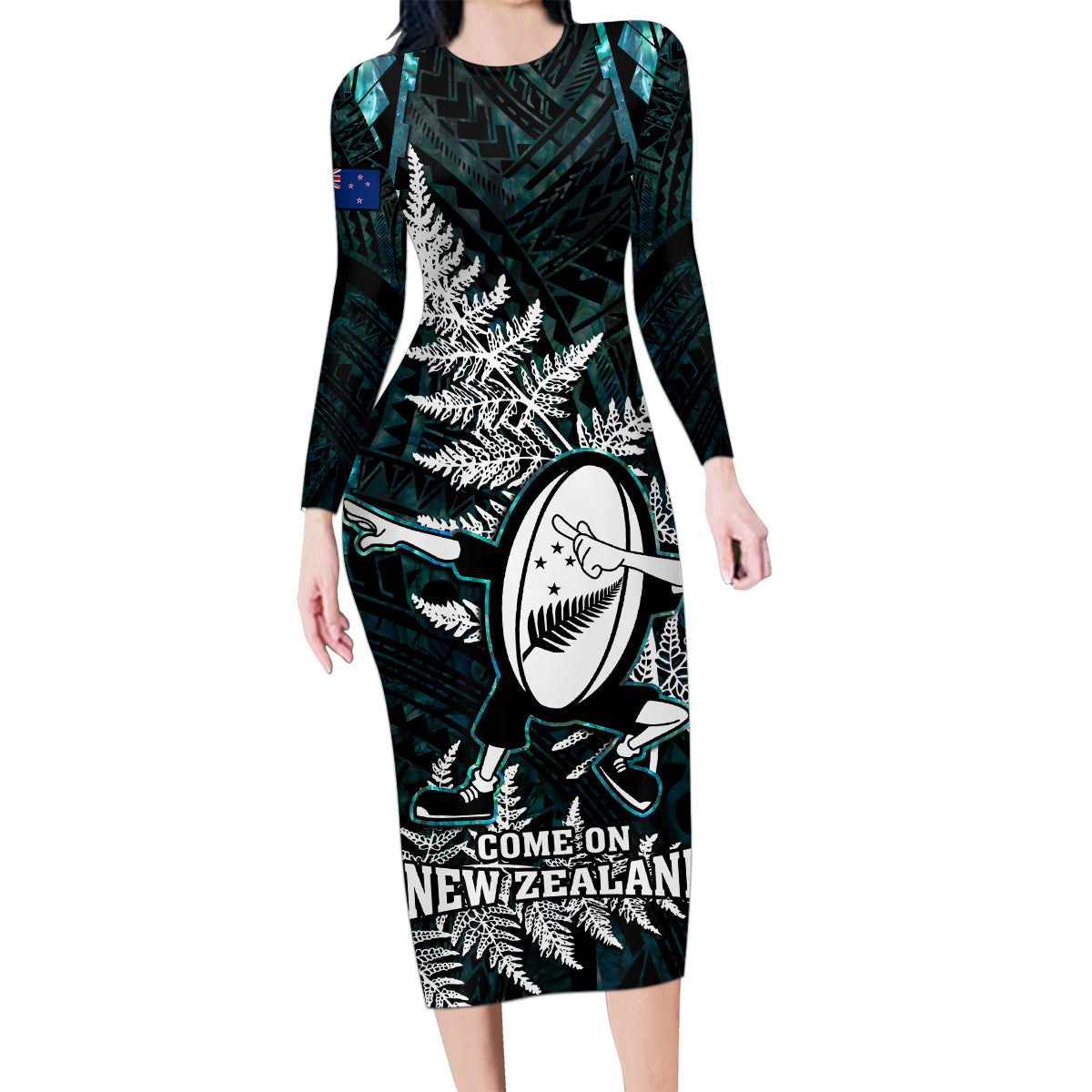 Custom New Zealand Silver Fern Rugby Family Matching Long Sleeve Bodycon Dress and Hawaiian Shirt Aotearoa All Black Dabbing Ball With Maori Paua Shell LT14 Mom's Dress Turquoise - Polynesian Pride