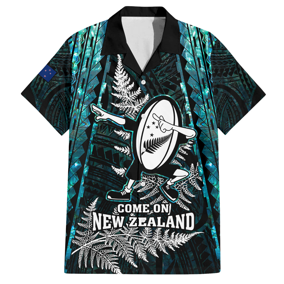 Custom New Zealand Silver Fern Rugby Family Matching Summer Maxi Dress and Hawaiian Shirt Aotearoa All Black Dabbing Ball With Maori Paua Shell LT14 Dad's Shirt - Short Sleeve Turquoise - Polynesian Pride