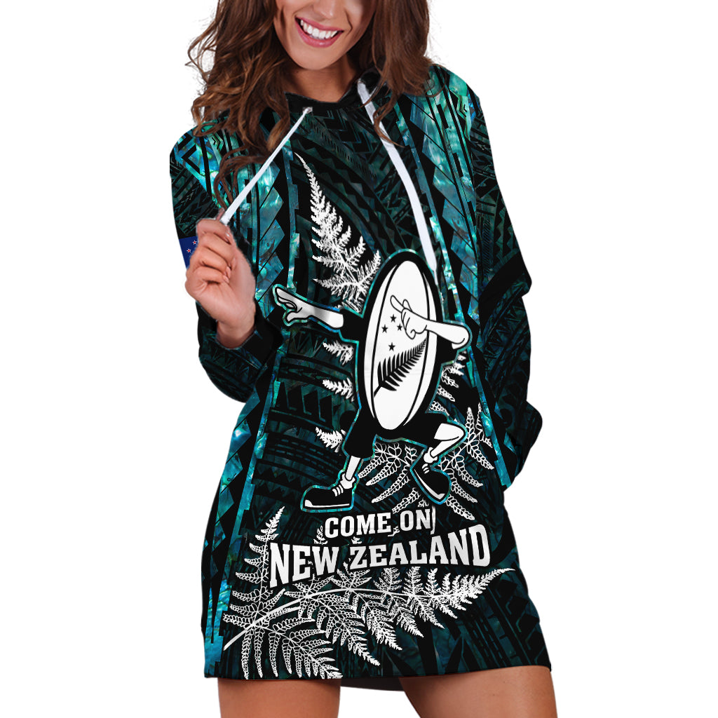 Custom New Zealand Silver Fern Rugby Hoodie Dress Aotearoa All Black Dabbing Ball With Maori Paua Shell LT14 Turquoise - Polynesian Pride