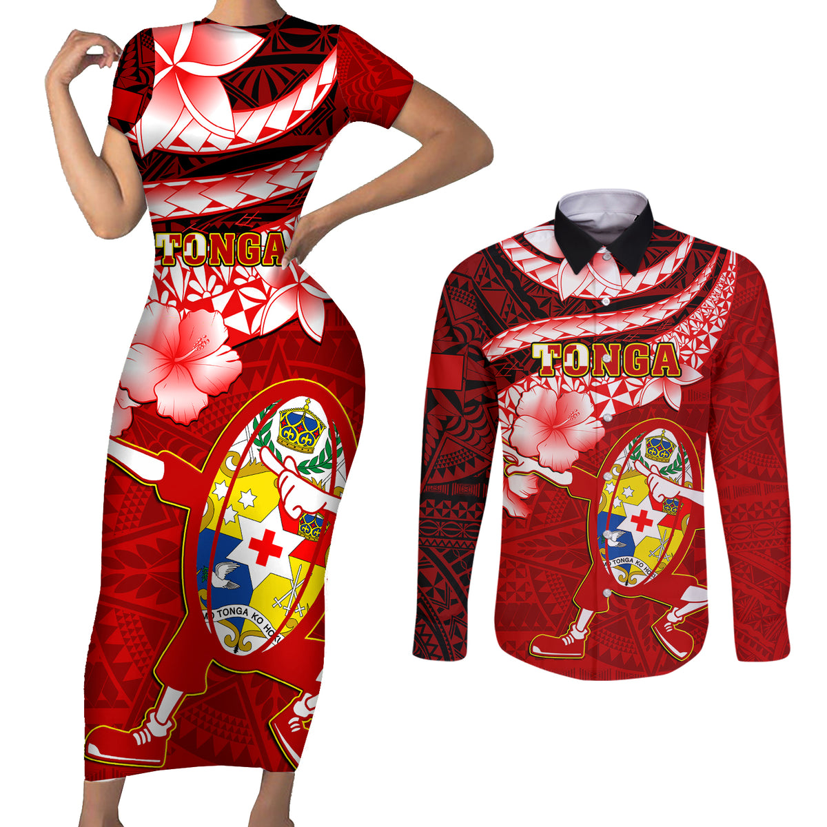 Tonga Rugby Couples Matching Short Sleeve Bodycon Dress and Long Sleeve Button Shirts Ikale Tahi Tongan Ngatu Pattern With Dabbing Ball LT14 Red - Polynesian Pride