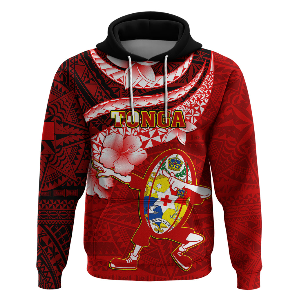 Tonga Rugby Hoodie Ikale Tahi Tongan Ngatu Pattern With Dabbing Ball LT14 Red - Polynesian Pride