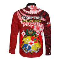 Tonga Rugby Long Sleeve Button Shirt Ikale Tahi Tongan Ngatu Pattern With Dabbing Ball LT14 - Polynesian Pride