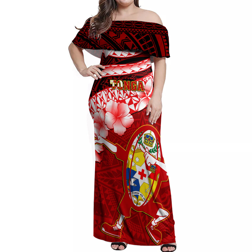 Tonga Rugby Off Shoulder Maxi Dress Ikale Tahi Tongan Ngatu Pattern With Dabbing Ball LT14 Women Red - Polynesian Pride