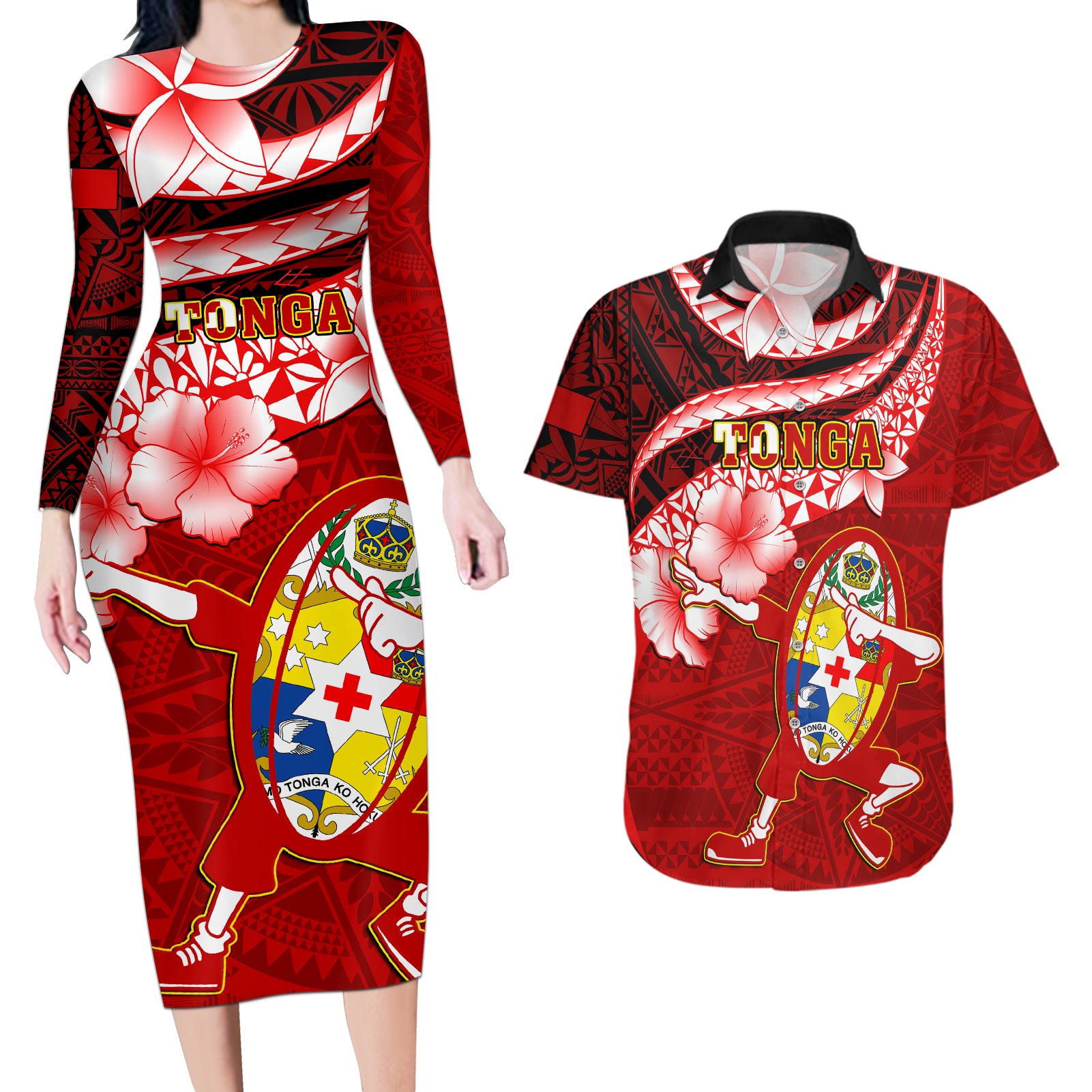 Custom Tonga Rugby Couples Matching Long Sleeve Bodycon Dress and Hawaiian Shirt Ikale Tahi Tongan Ngatu Pattern With Dabbing Ball LT14 Red - Polynesian Pride