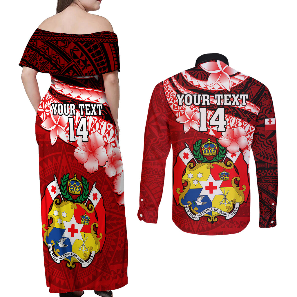 Custom Tonga Rugby Couples Matching Off Shoulder Maxi Dress and Long Sleeve Button Shirts Ikale Tahi Tongan Ngatu Pattern With Dabbing Ball LT14 - Polynesian Pride