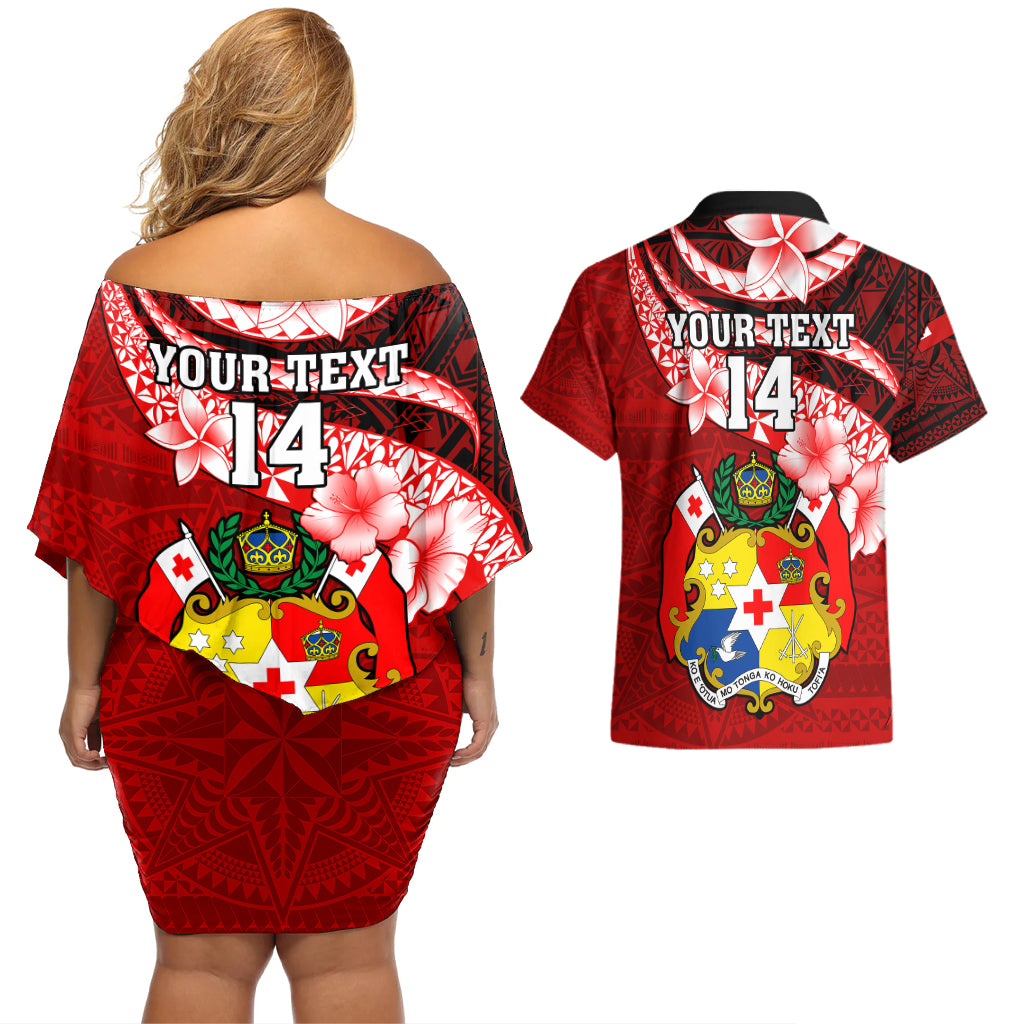 Custom Tonga Rugby Couples Matching Off Shoulder Short Dress and Hawaiian Shirt Ikale Tahi Tongan Ngatu Pattern With Dabbing Ball LT14 - Polynesian Pride