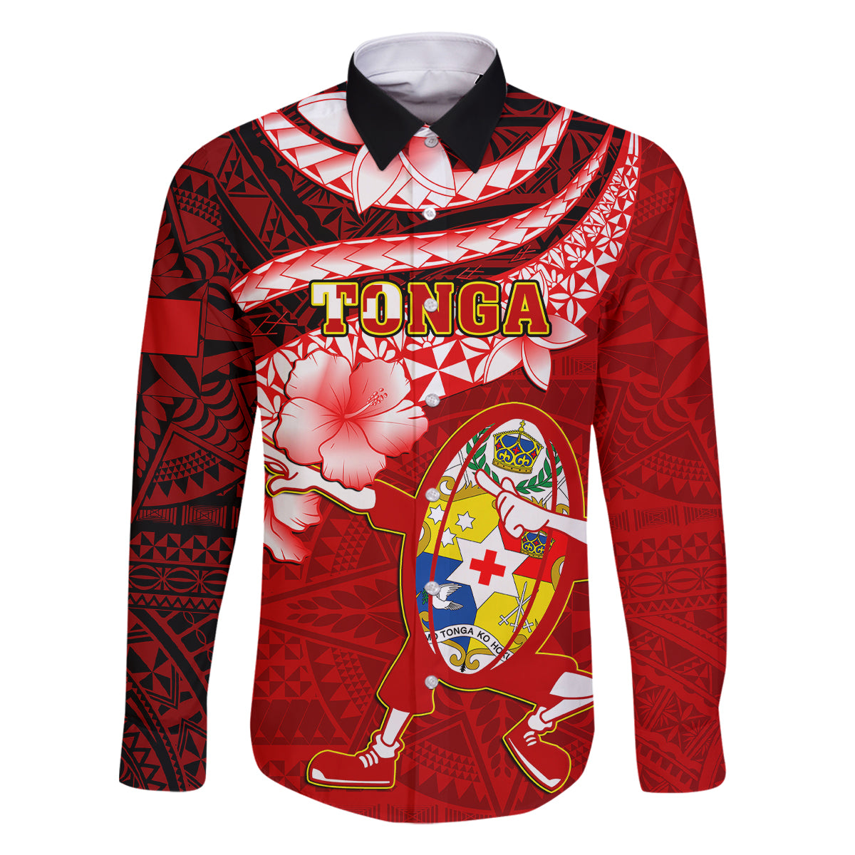 Custom Tonga Rugby Family Matching Off Shoulder Long Sleeve Dress and Hawaiian Shirt Ikale Tahi Tongan Ngatu Pattern With Dabbing Ball LT14 Dad's Shirt - Long Sleeve Red - Polynesian Pride