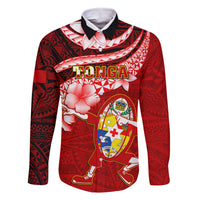 Custom Tonga Rugby Family Matching Off Shoulder Short Dress and Hawaiian Shirt Ikale Tahi Tongan Ngatu Pattern With Dabbing Ball LT14 Dad's Shirt - Long Sleeve Red - Polynesian Pride