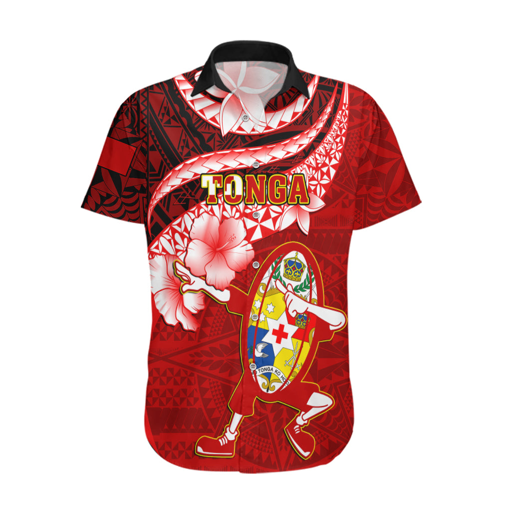 Custom Tonga Rugby Hawaiian Shirt Ikale Tahi Tongan Ngatu Pattern With Dabbing Ball LT14 Red - Polynesian Pride