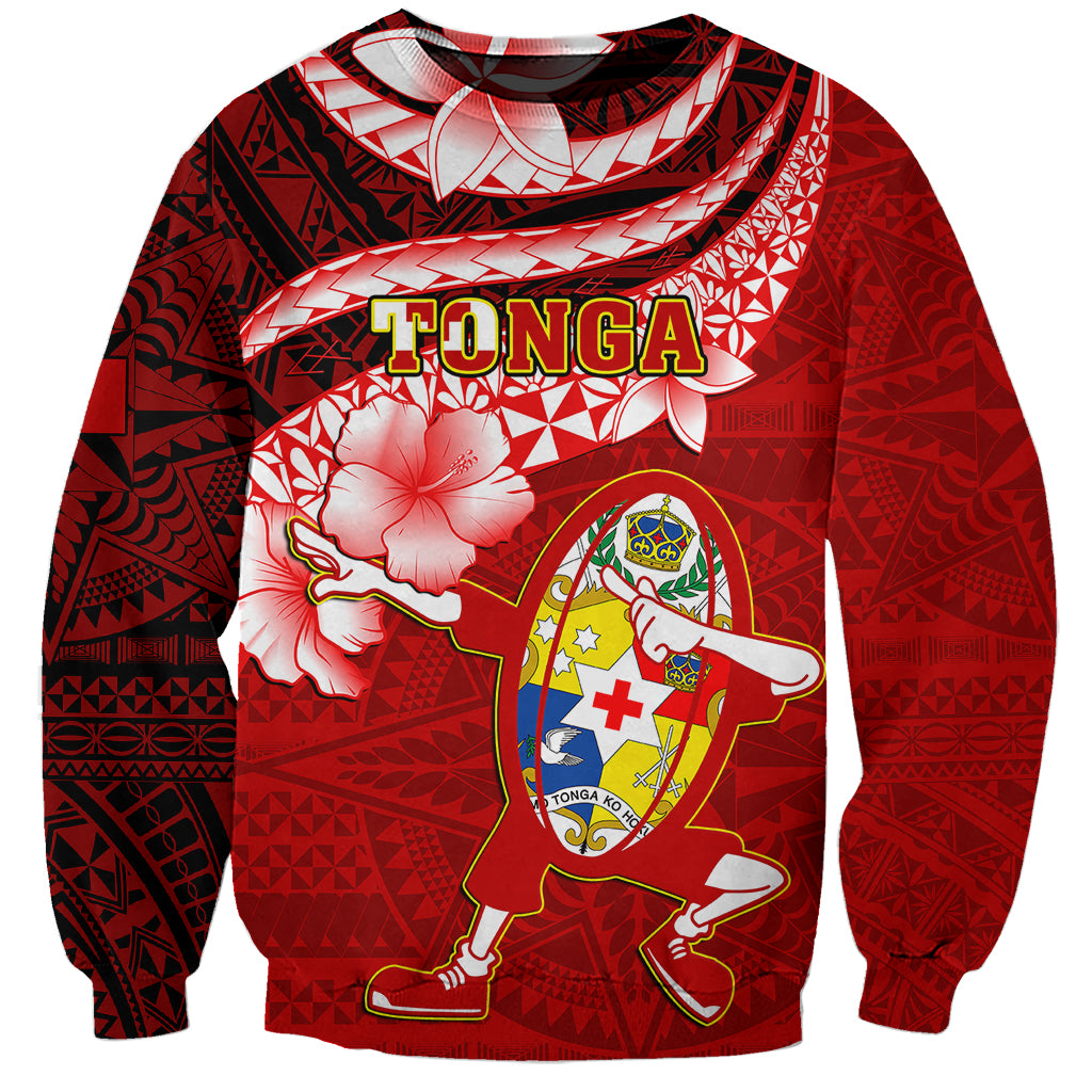 Custom Tonga Rugby Sweatshirt Ikale Tahi Tongan Ngatu Pattern With Dabbing Ball LT14 Unisex Red - Polynesian Pride