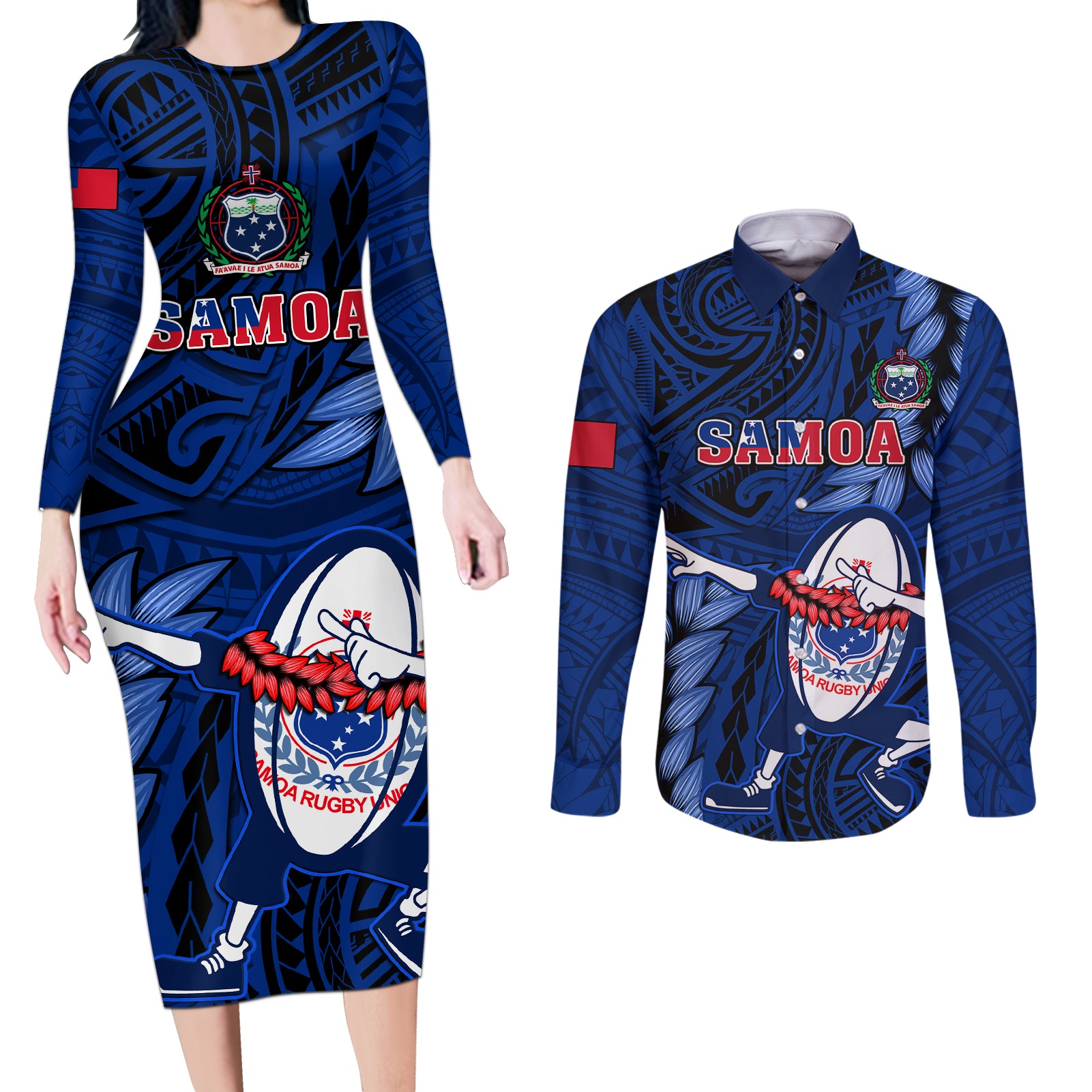 Samoa Rugby Couples Matching Long Sleeve Bodycon Dress and Long Sleeve Button Shirts Manu Samoa Ula Fala Dabbing Ball Polynesian Blue Version LT14 Blue - Polynesian Pride