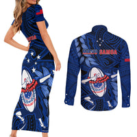 Samoa Rugby Couples Matching Short Sleeve Bodycon Dress and Long Sleeve Button Shirts Manu Samoa Ula Fala Dabbing Ball Polynesian Blue Version LT14 - Polynesian Pride
