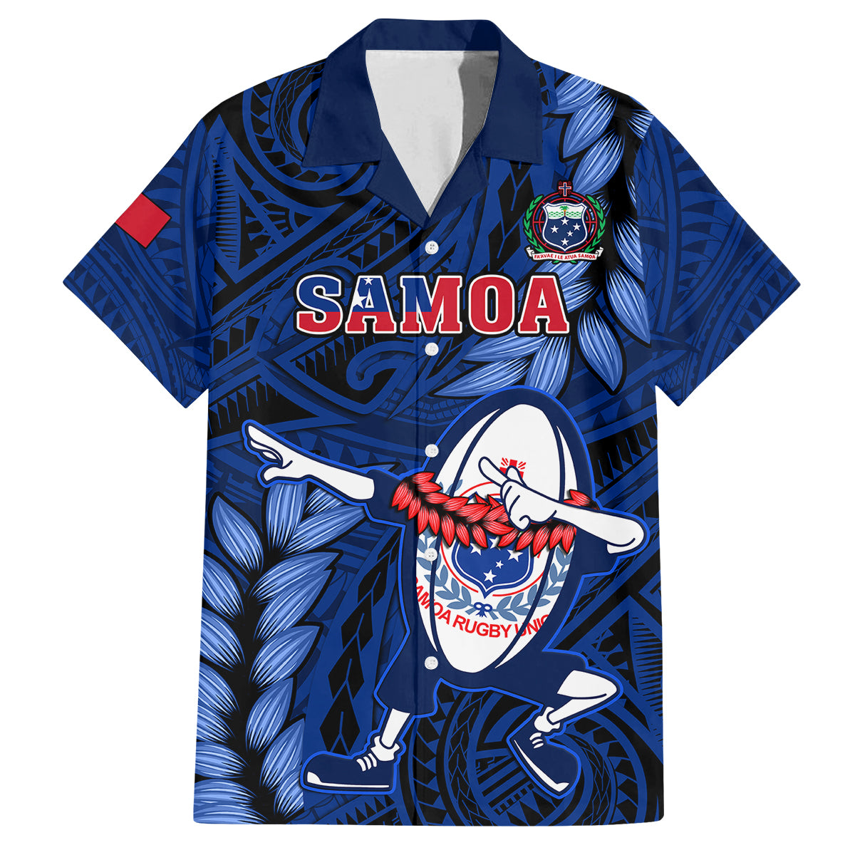 Samoa Rugby Family Matching Off Shoulder Short Dress and Hawaiian Shirt Manu Samoa Ula Fala Dabbing Ball Polynesian Blue Version LT14 Dad's Shirt - Short Sleeve Blue - Polynesian Pride