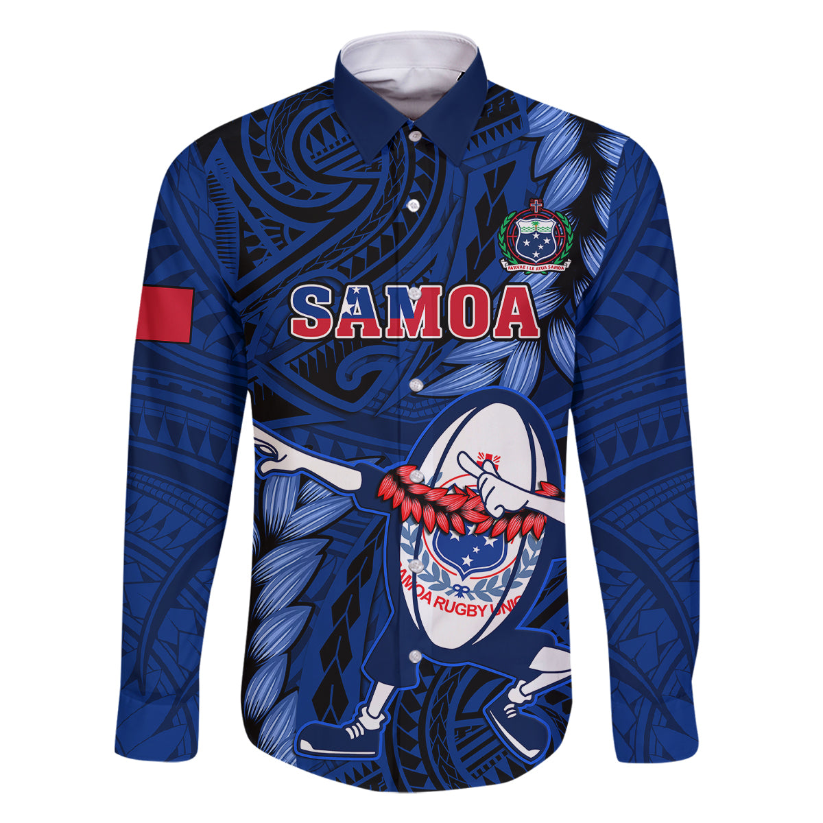 Samoa Rugby Family Matching Short Sleeve Bodycon Dress and Hawaiian Shirt Manu Samoa Ula Fala Dabbing Ball Polynesian Blue Version LT14 Dad's Shirt - Long Sleeve Blue - Polynesian Pride