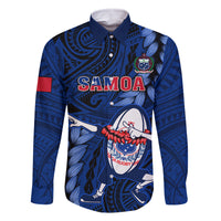 Samoa Rugby Family Matching Summer Maxi Dress and Hawaiian Shirt Manu Samoa Ula Fala Dabbing Ball Polynesian Blue Version LT14 Dad's Shirt - Long Sleeve Blue - Polynesian Pride