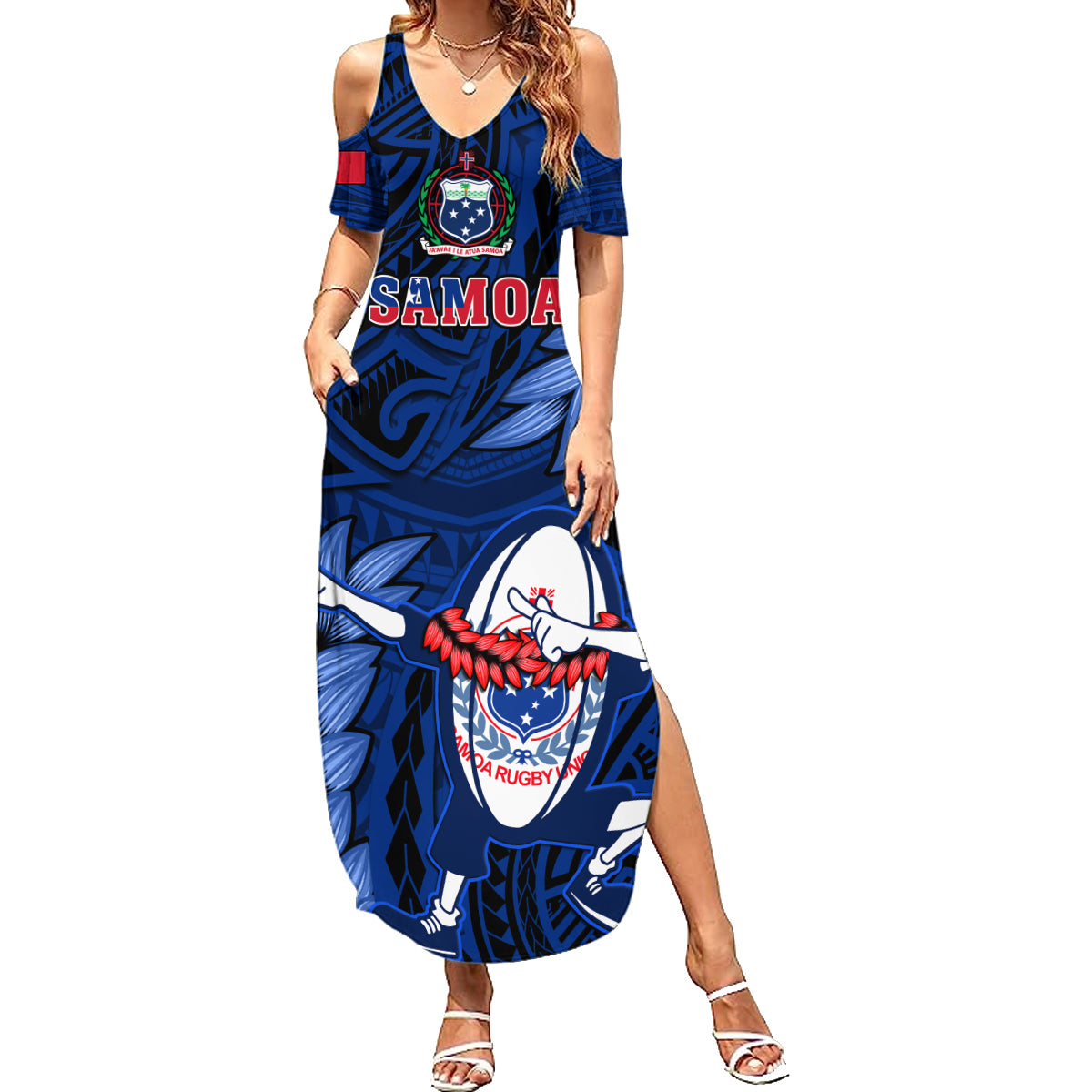 Samoa Rugby Family Matching Summer Maxi Dress and Hawaiian Shirt Manu Samoa Ula Fala Dabbing Ball Polynesian Blue Version LT14 Mom's Dress Blue - Polynesian Pride