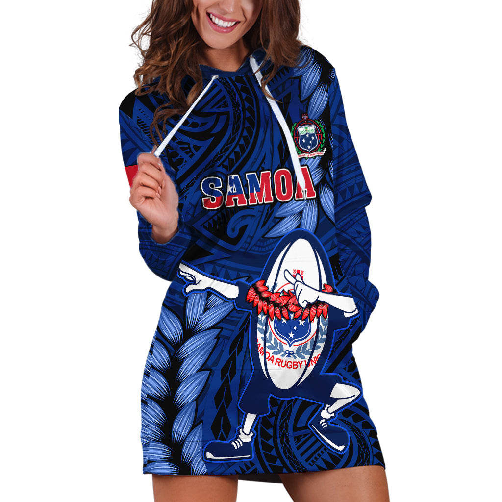 Samoa Rugby Hoodie Dress Manu Samoa Ula Fala Dabbing Ball Polynesian Blue Version LT14 Blue - Polynesian Pride