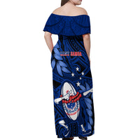 Samoa Rugby Off Shoulder Maxi Dress Manu Samoa Ula Fala Dabbing Ball Polynesian Blue Version LT14 - Polynesian Pride