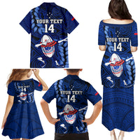 Custom Samoa Rugby Family Matching Puletasi Dress and Hawaiian Shirt Manu Samoa Ula Fala Dabbing Ball Polynesian Blue Version LT14 - Polynesian Pride