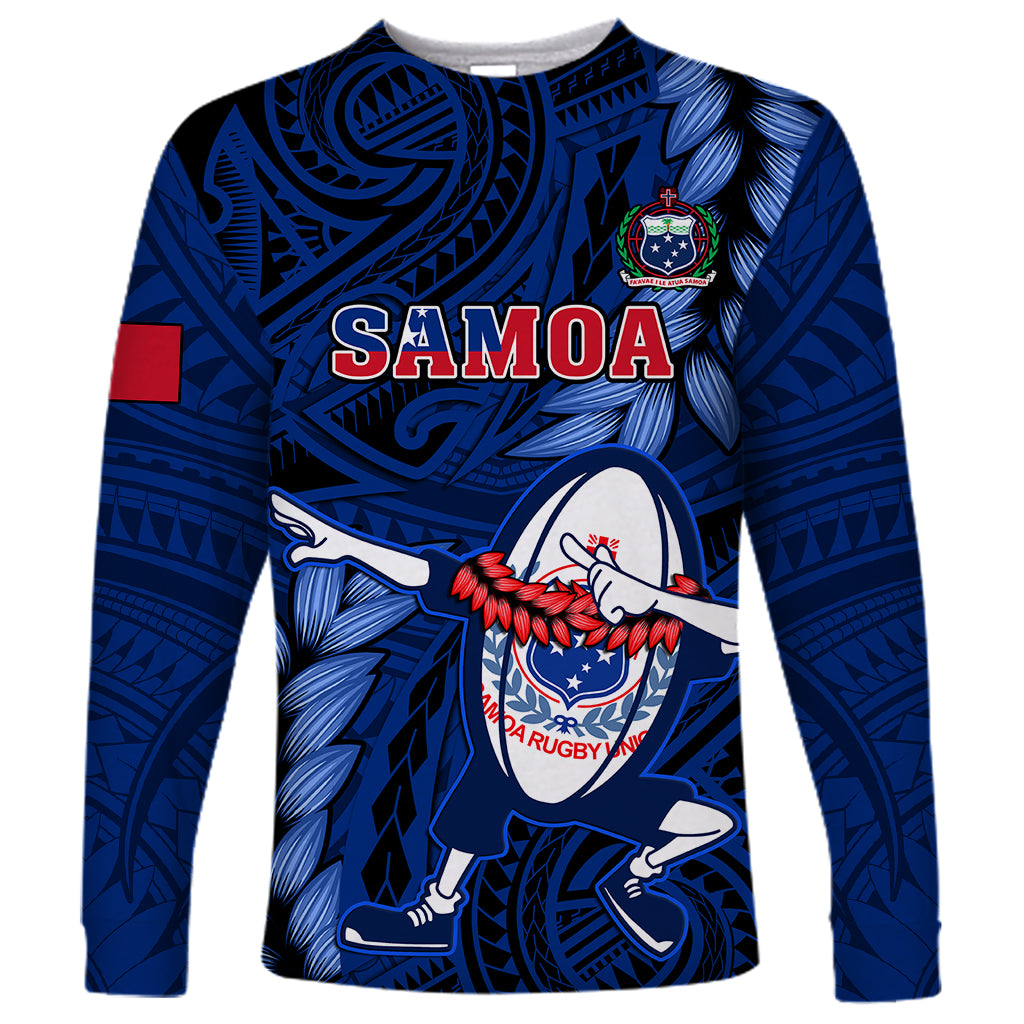 Custom Samoa Rugby Long Sleeve Shirt Manu Samoa Ula Fala Dabbing Ball Polynesian Blue Version LT14 Unisex Blue - Polynesian Pride