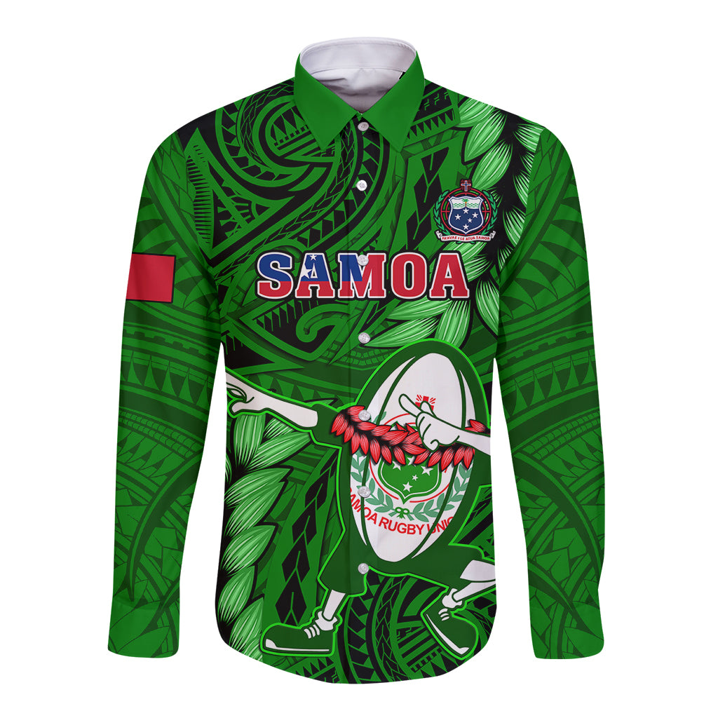 Samoa Rugby Long Sleeve Button Shirt Manu Samoa Ula Fala Dabbing Ball Polynesian Green Version LT14 Unisex Green - Polynesian Pride