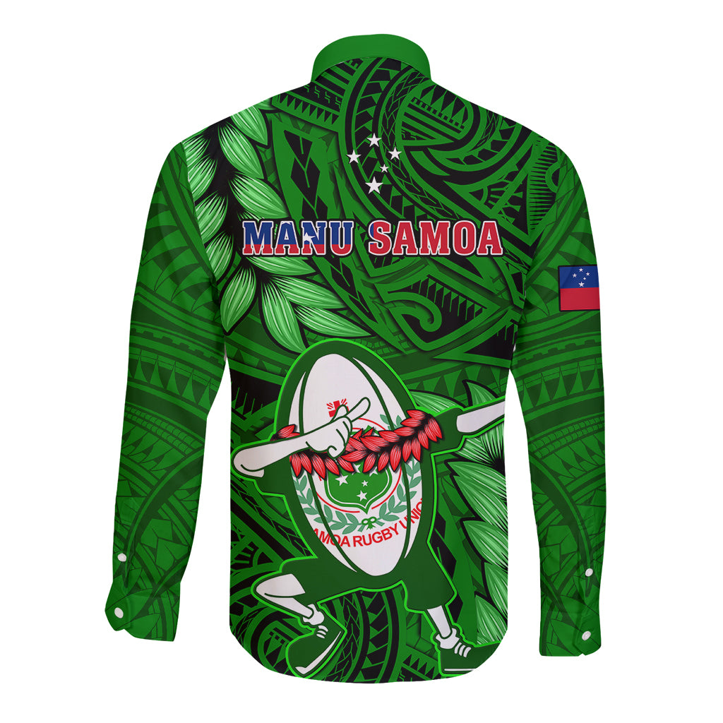 Samoa Rugby Long Sleeve Button Shirt Manu Samoa Ula Fala Dabbing Ball Polynesian Green Version LT14 - Polynesian Pride